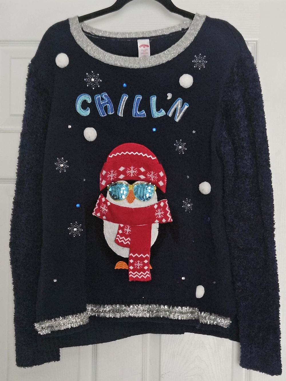 Holiday Time Navy Blue 'Chill'n' Penguin' Crew Neck Sweater Red Accents